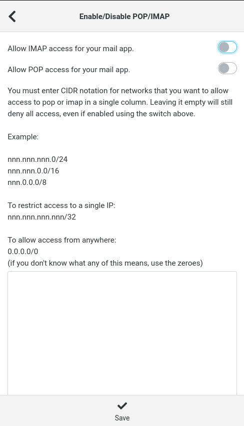 Control POP and IMAP Access